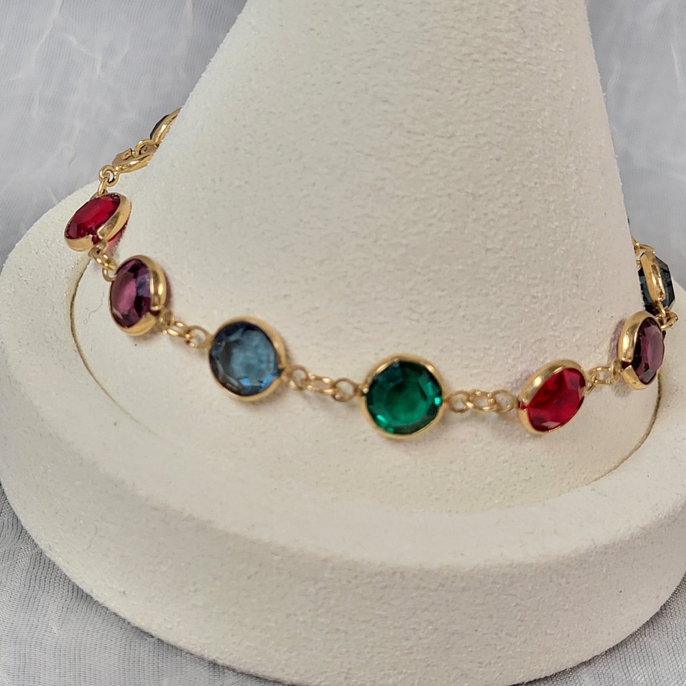 Swarovski Colorful Crystal Bracelet Bezel Link 7.5 Inch Gold Tone